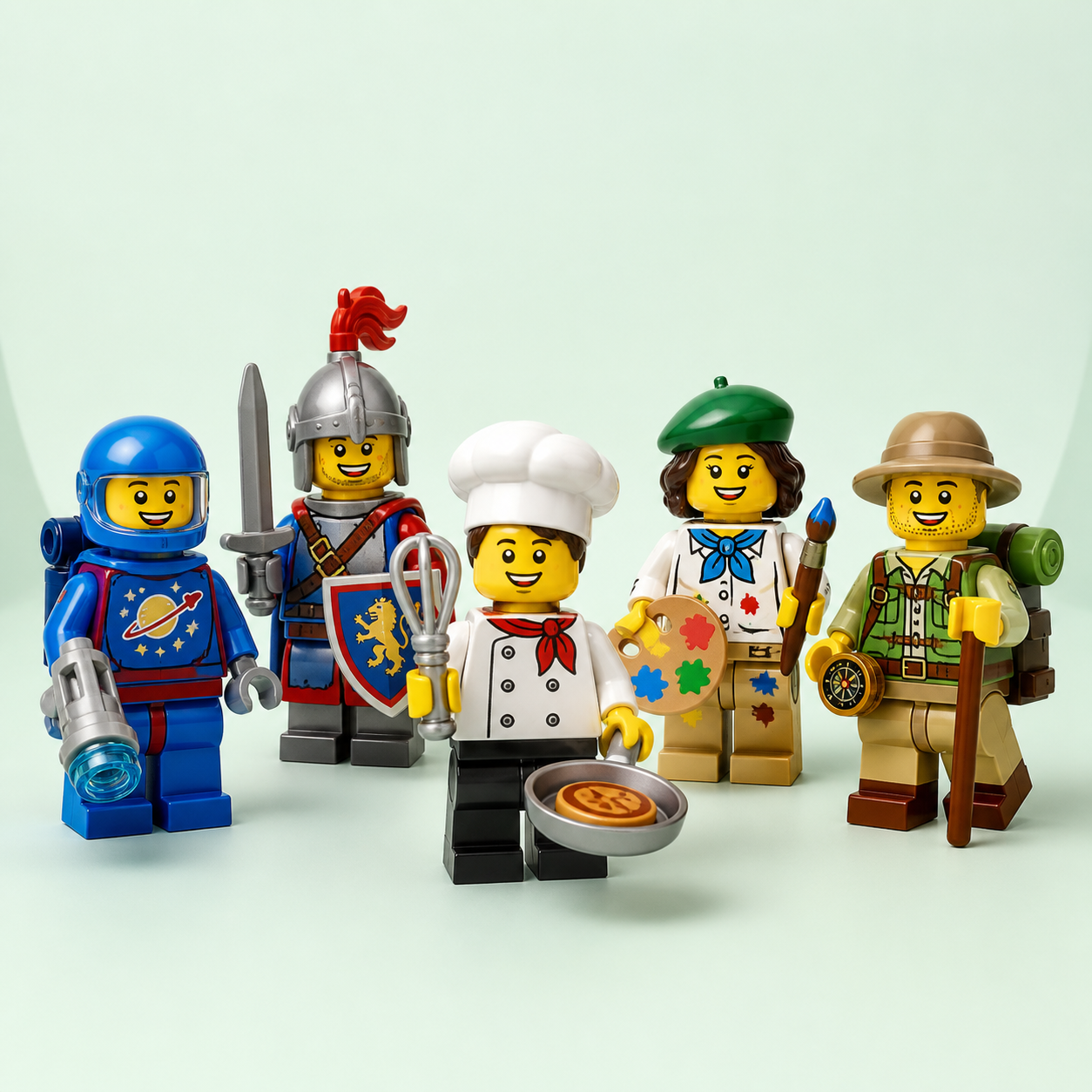Five colourful collectible minifigure-style characters