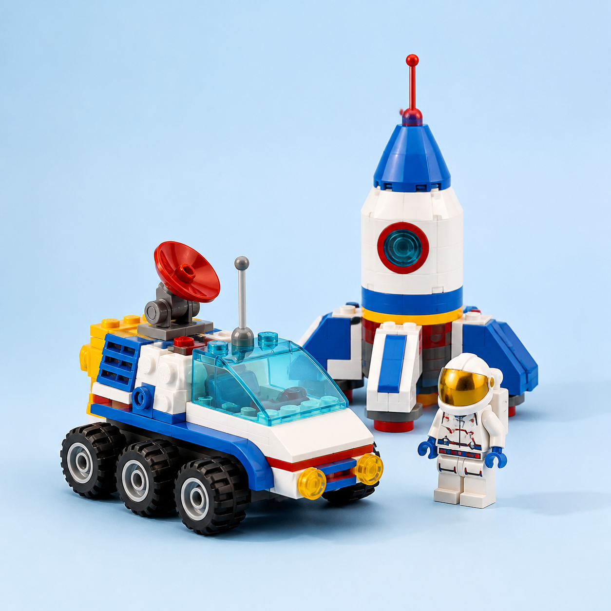 Colourful brick-built space rover and rocket
